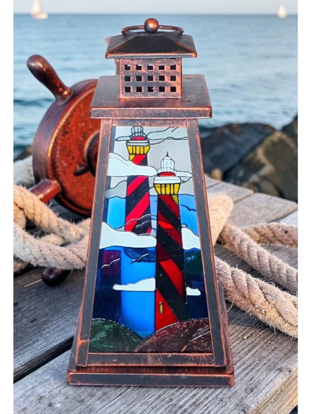 Metal and stained glass solar lighthouse, ocean scene lantern 12"